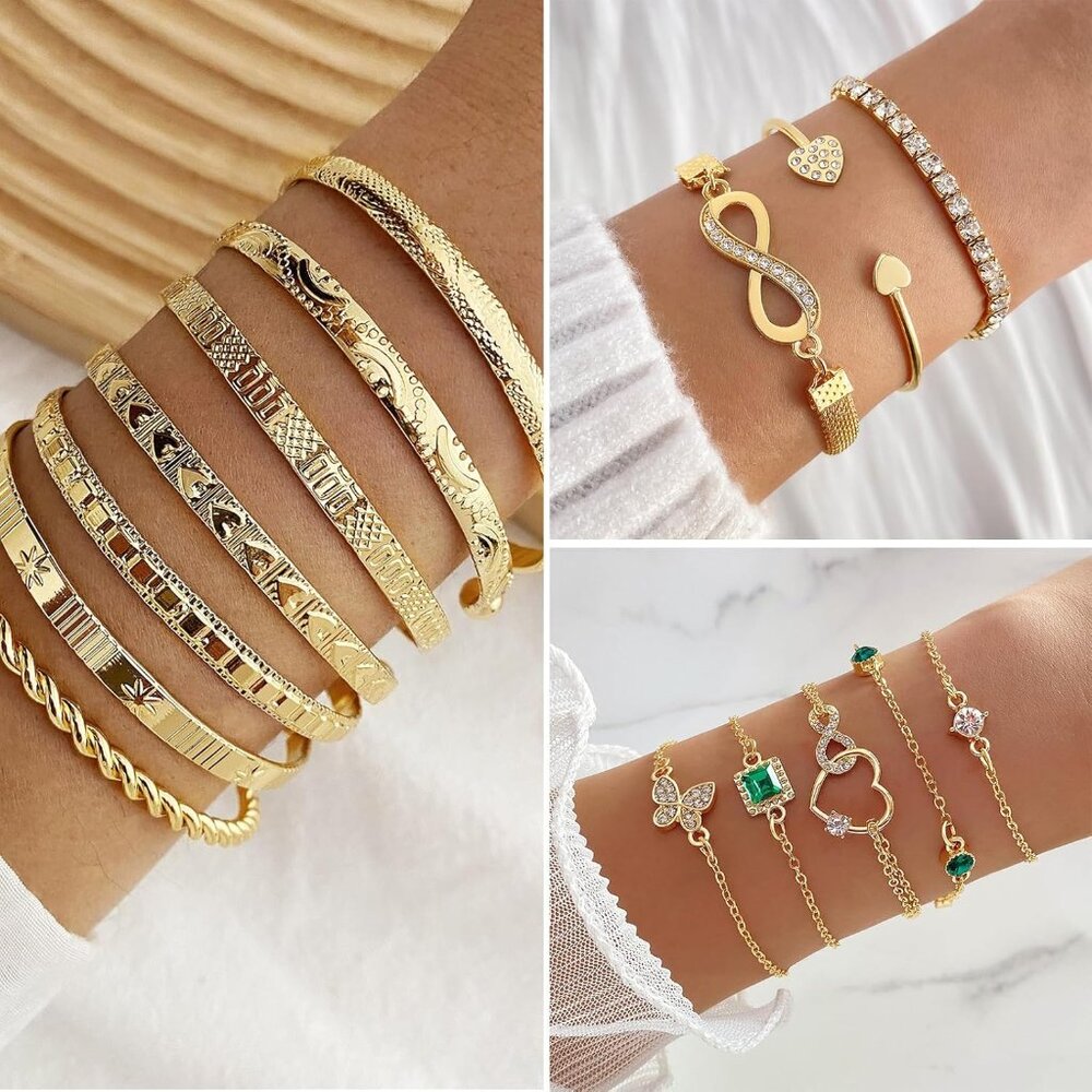 Gold Plated Jewelry Set for Women,14k Gold Plated Multi Layer Necklaces Stackabl - Picture 3 of 9